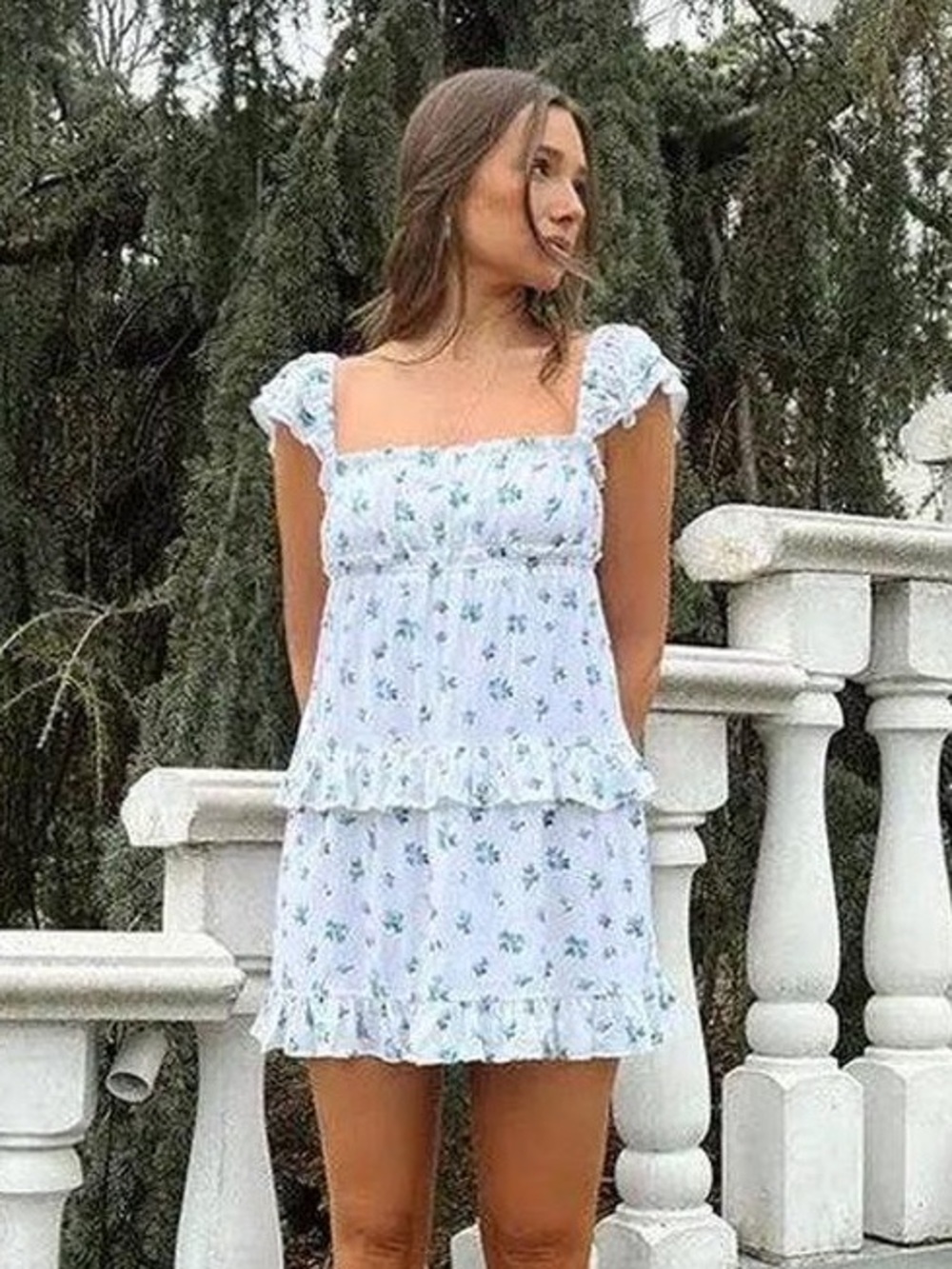 WeWoreWhat Light Blue Floral Smocked Mini Dress